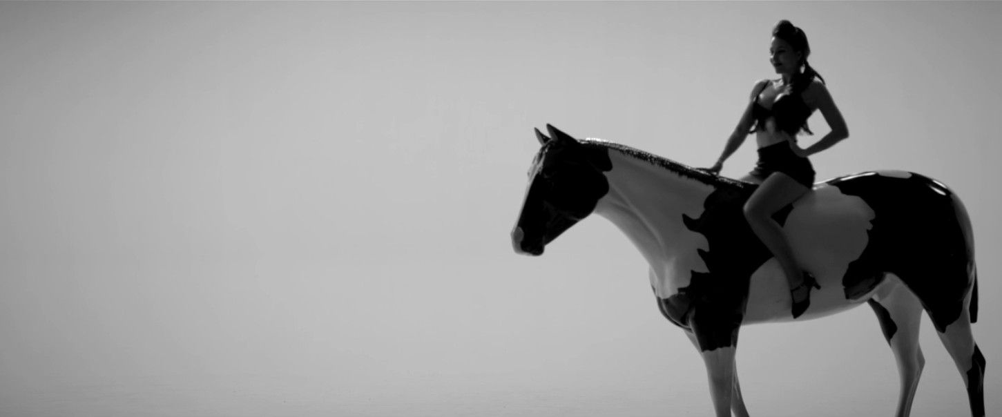 A woman on a painted horse, in black and white, from the Johnny Hallyday music video