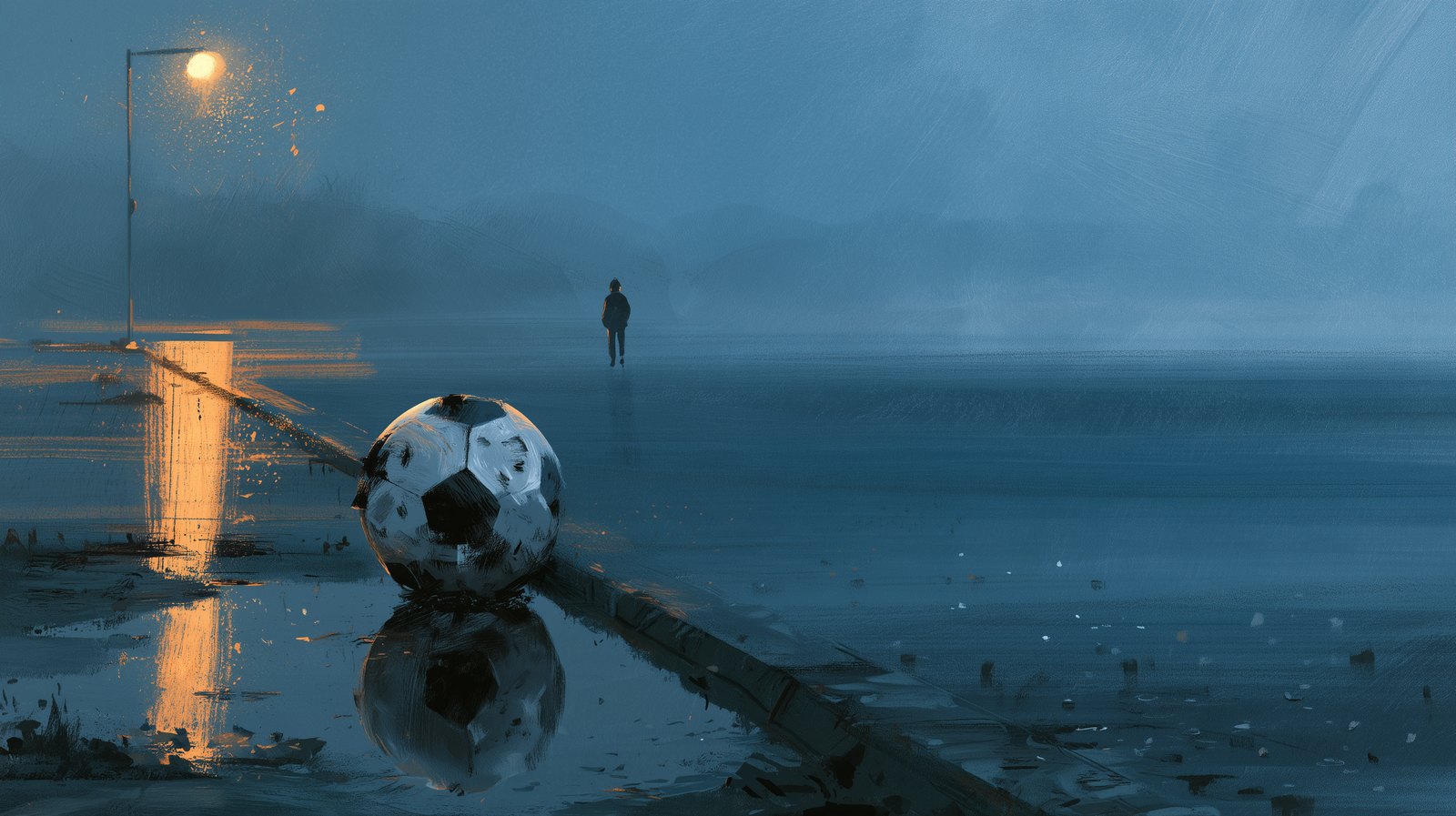 Nothing to Nothing key art: a worn soccer ball alone on a wet curb at dusk