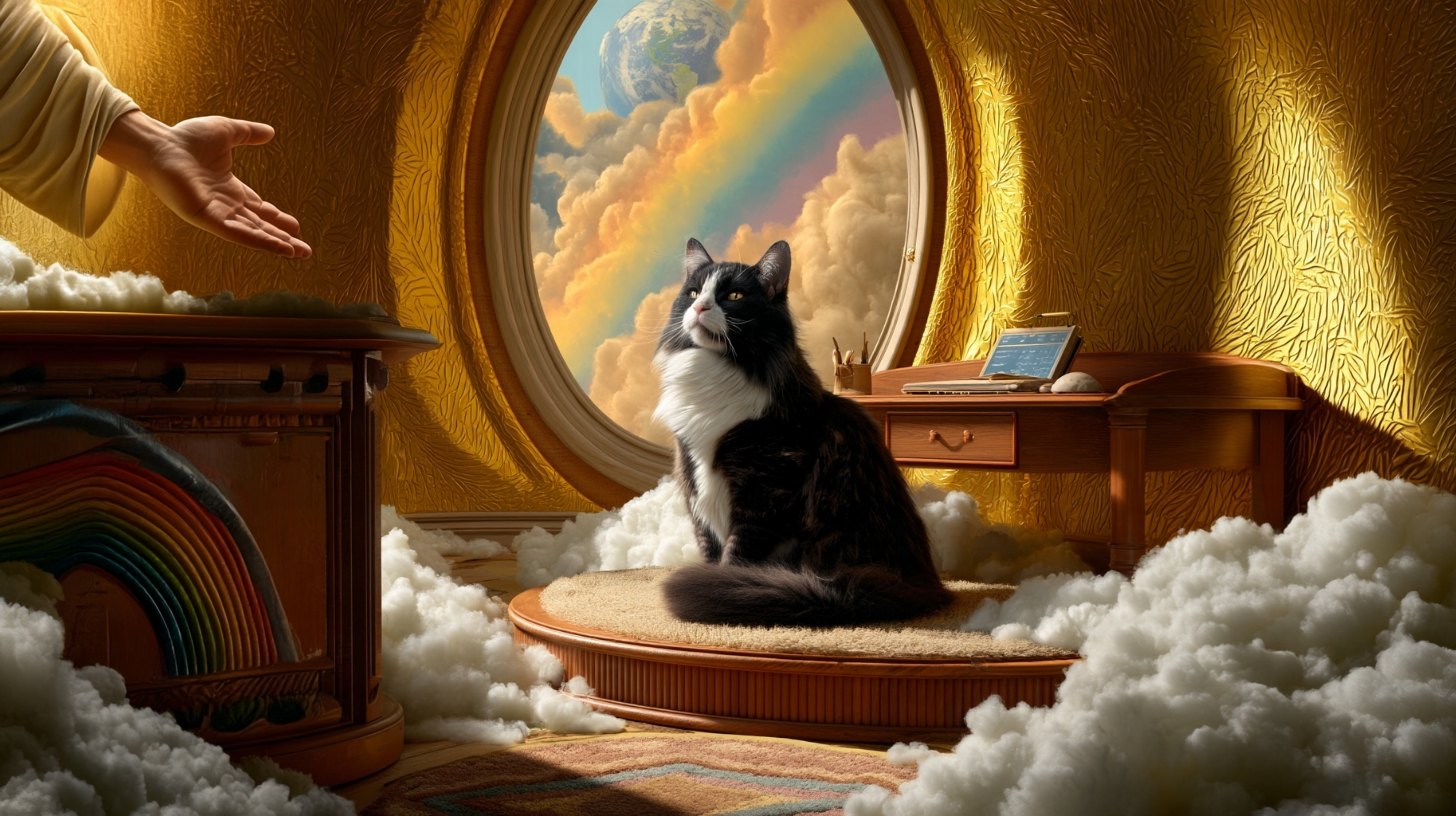 Paws of Faith key art: Meow Meow in a golden heavenly office