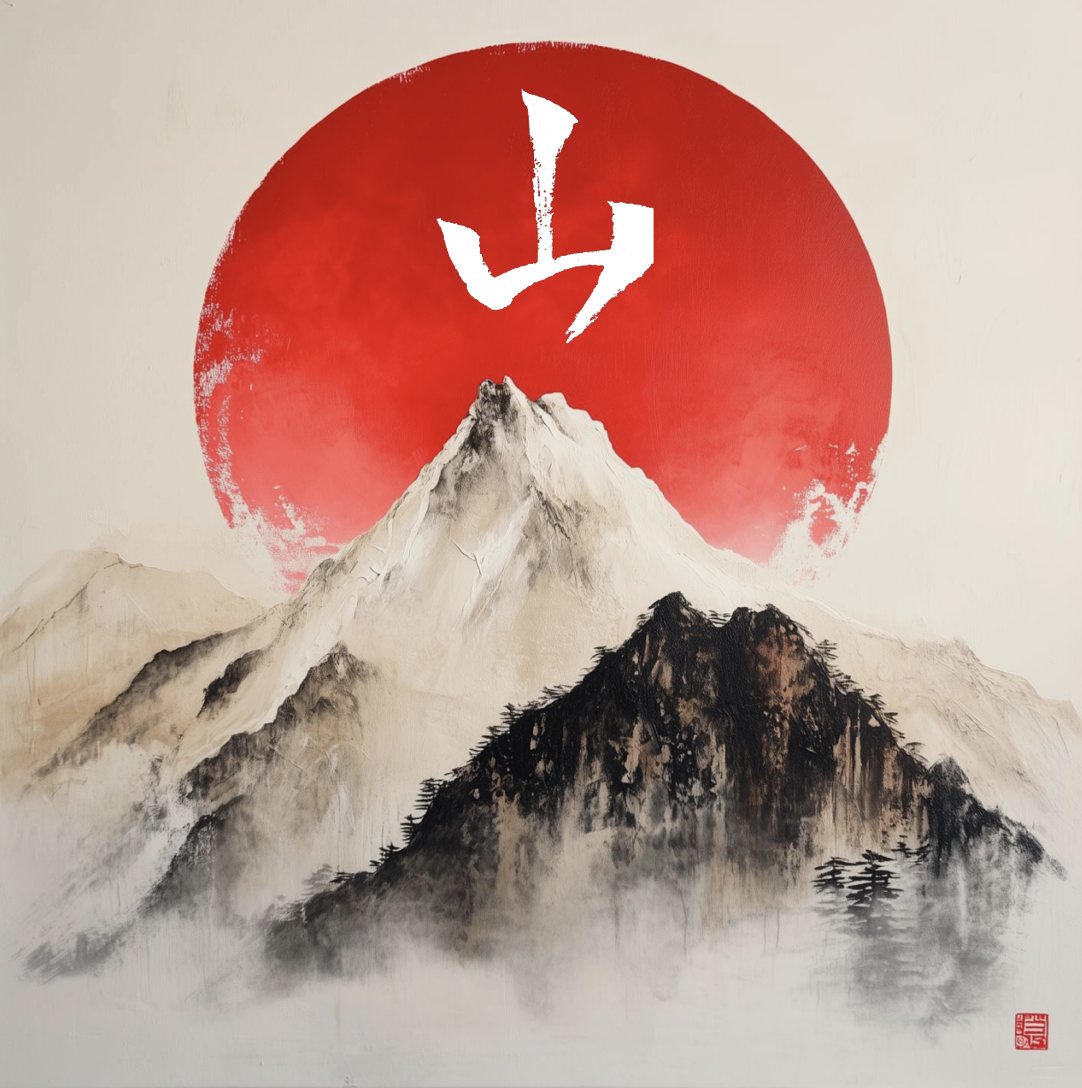 The Mountain key art: a red sun and the kanji for mountain above an ink-painted peak